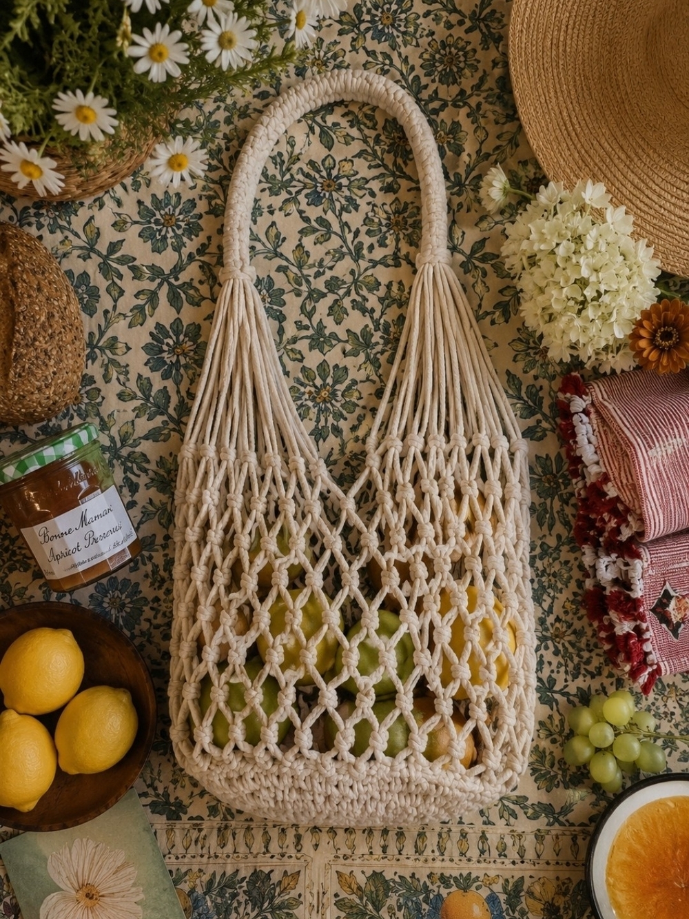 4/$15 Tomato Girl Market Bag Woven Macramé Tote Bag in Cream